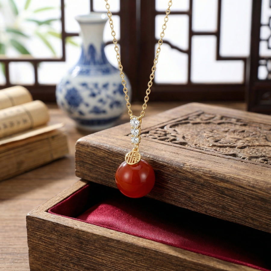 Red Agate Fu Blessing Necklace – agate necklace, side detail