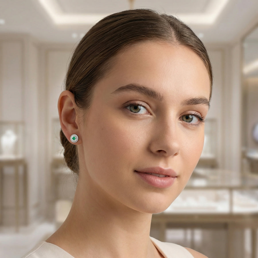 Round Green Gemstone Halo Studs – sterling silver earrings, front view