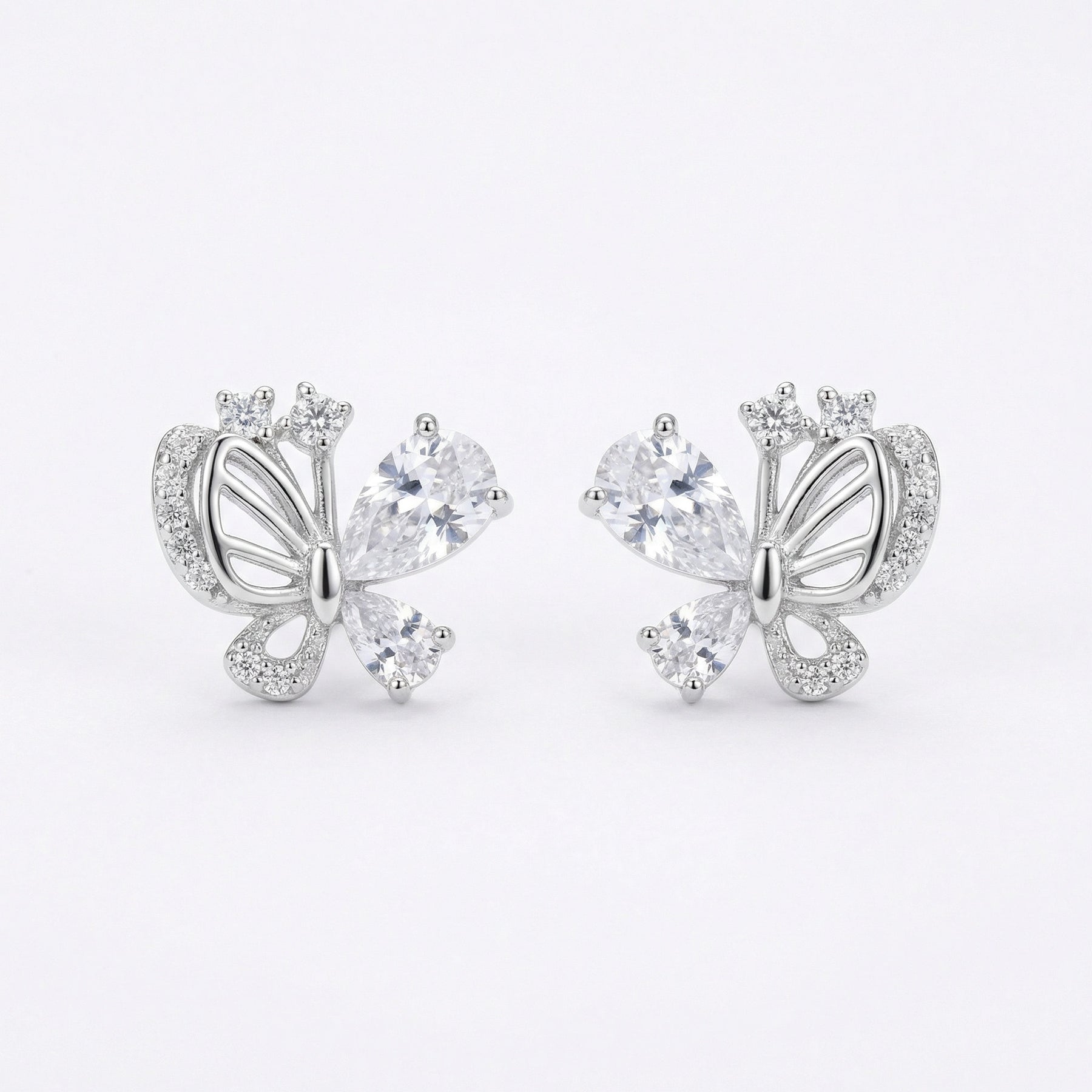 Silver Butterfly Studs with Pear CZ – sterling silver earrings, front view