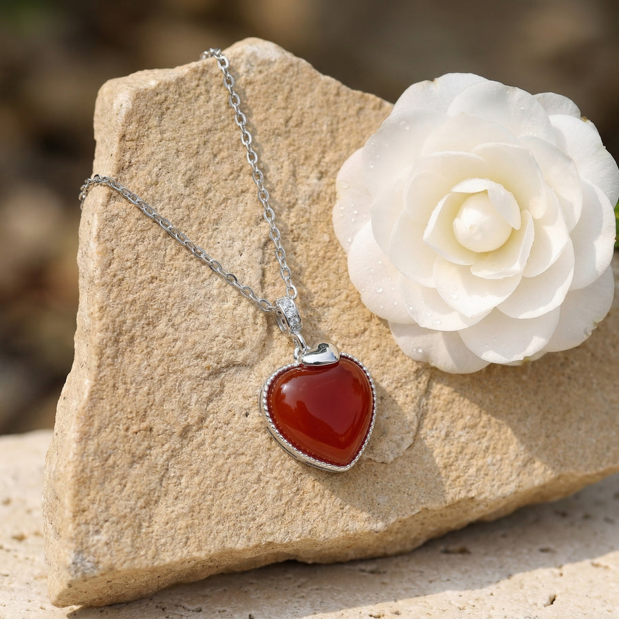 Red Gemstone Heart Necklace – sterling silver necklace, close-up