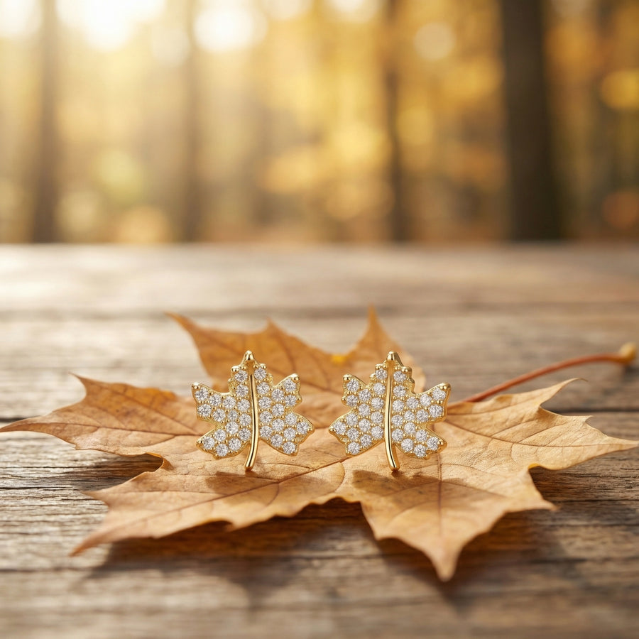 Crystal Maple Leaf Stud Earrings – crystal earrings, close-up