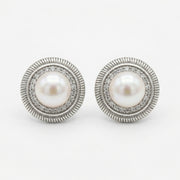 Pearl Halo Studs, Ribbed Silver Frame – pearl earrings, close-up