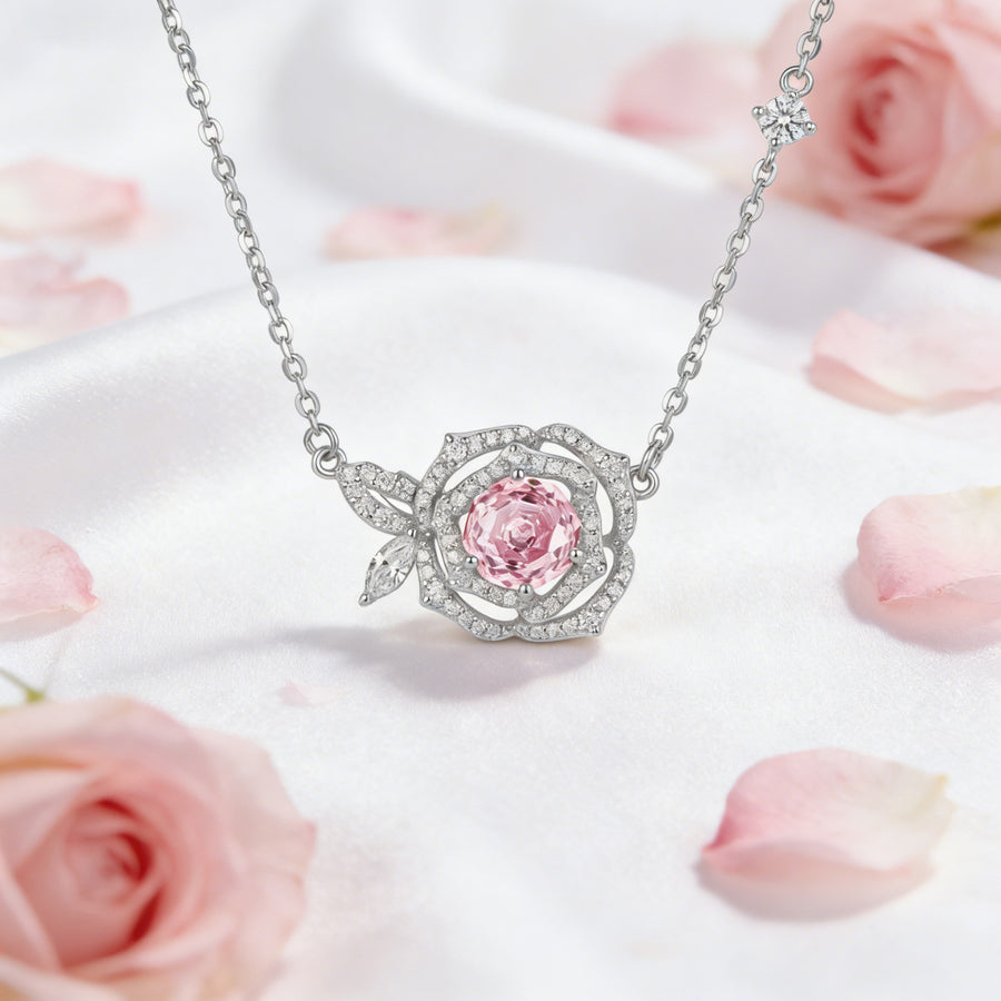 Rose Pendant Necklace, Pink Centerpiece – sterling silver necklace, side detail