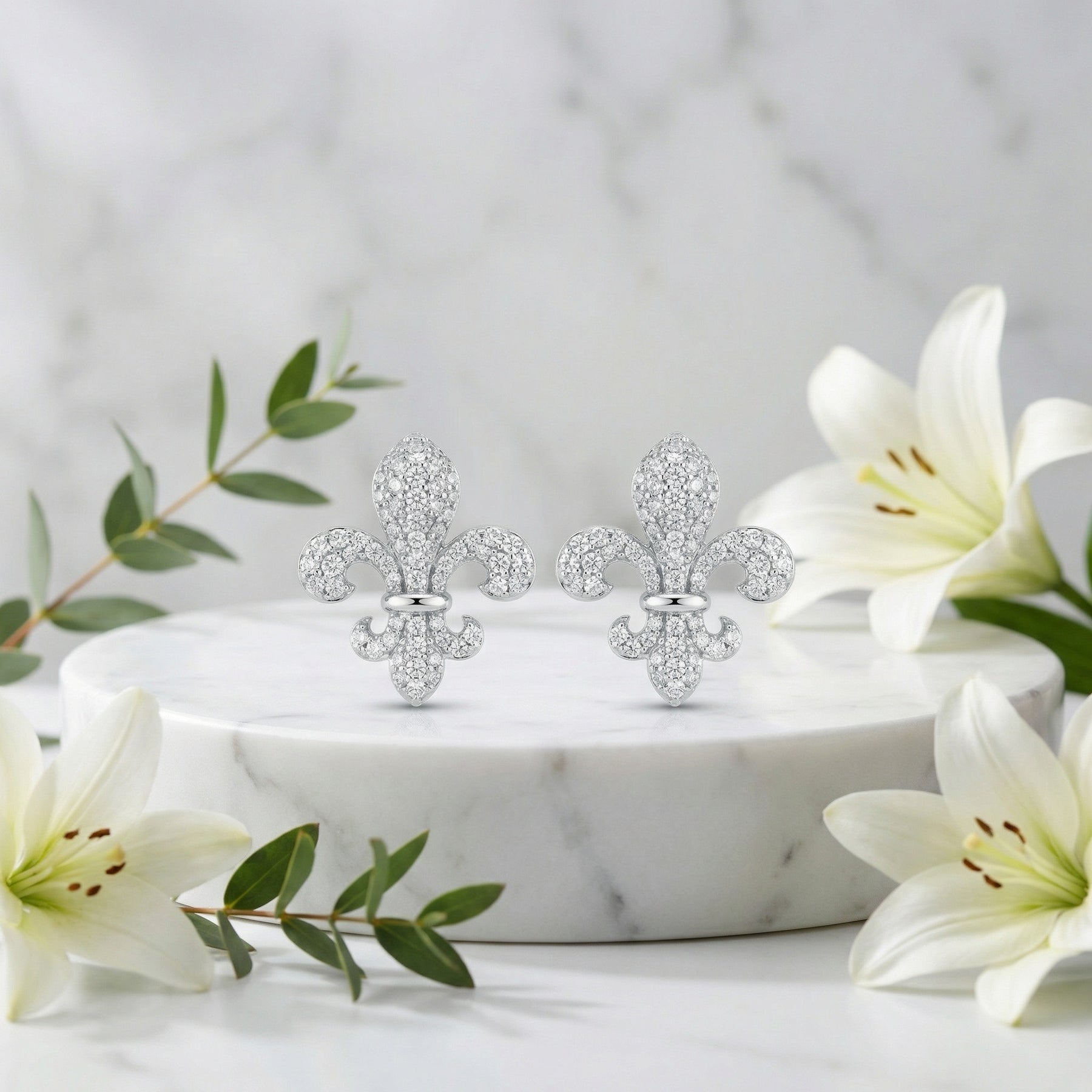 Fleur-de-Lis Pavé Stud Earrings – sterling silver earrings, close-up