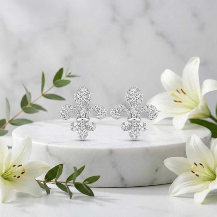 Fleur-de-Lis Pavé Stud Earrings – sterling silver earrings, close-up