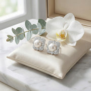Pearl Square Halo Stud Earrings – pearl earrings, close-up