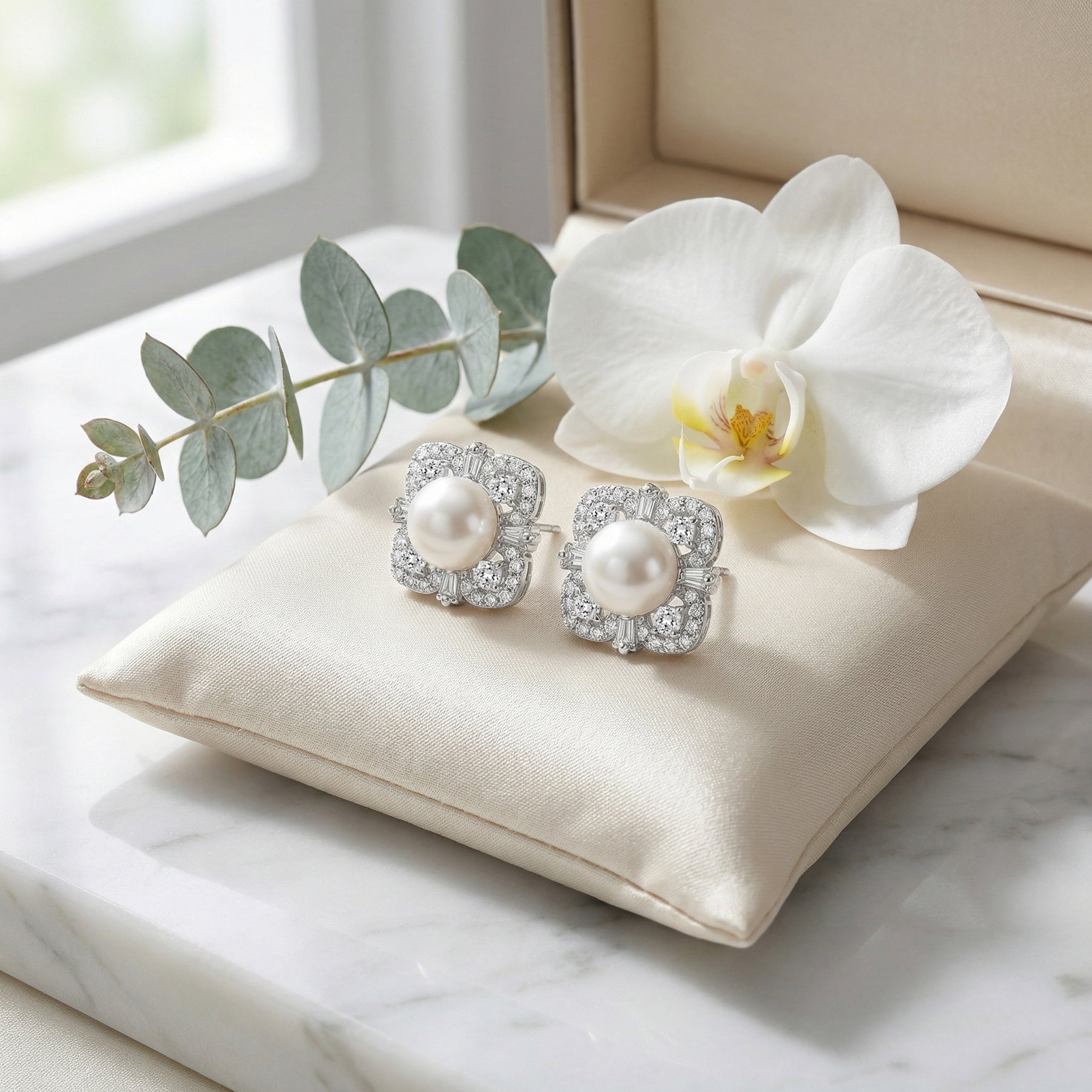 Pearl Square Halo Stud Earrings – pearl earrings, close-up