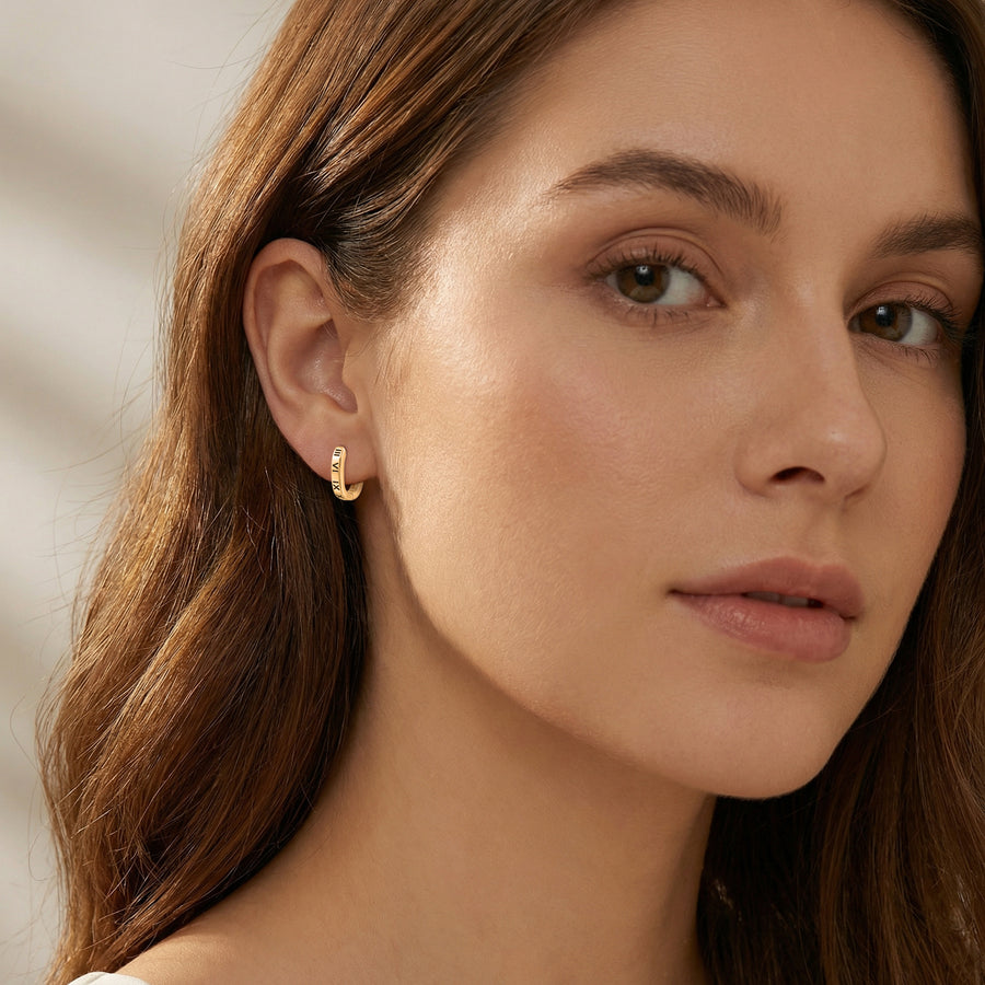 Roman Numeral Oval Huggie Hoops – sterling silver earrings, side detail