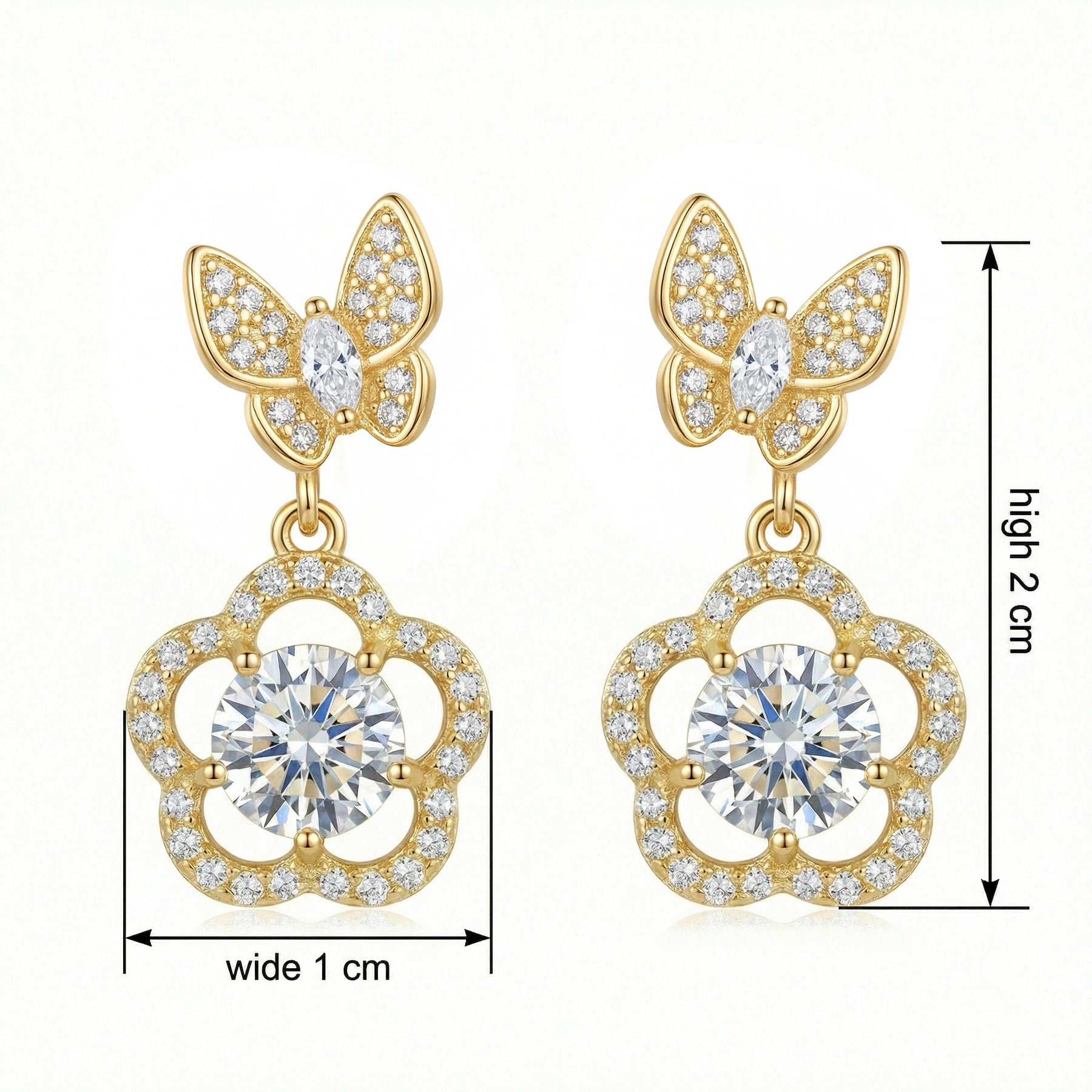 Butterfly and Floral Drop Earrings – sterling silver earrings, close-up