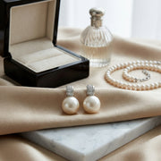 White Pearl Sparkling stone Accent Drops – pearl earrings, close-up