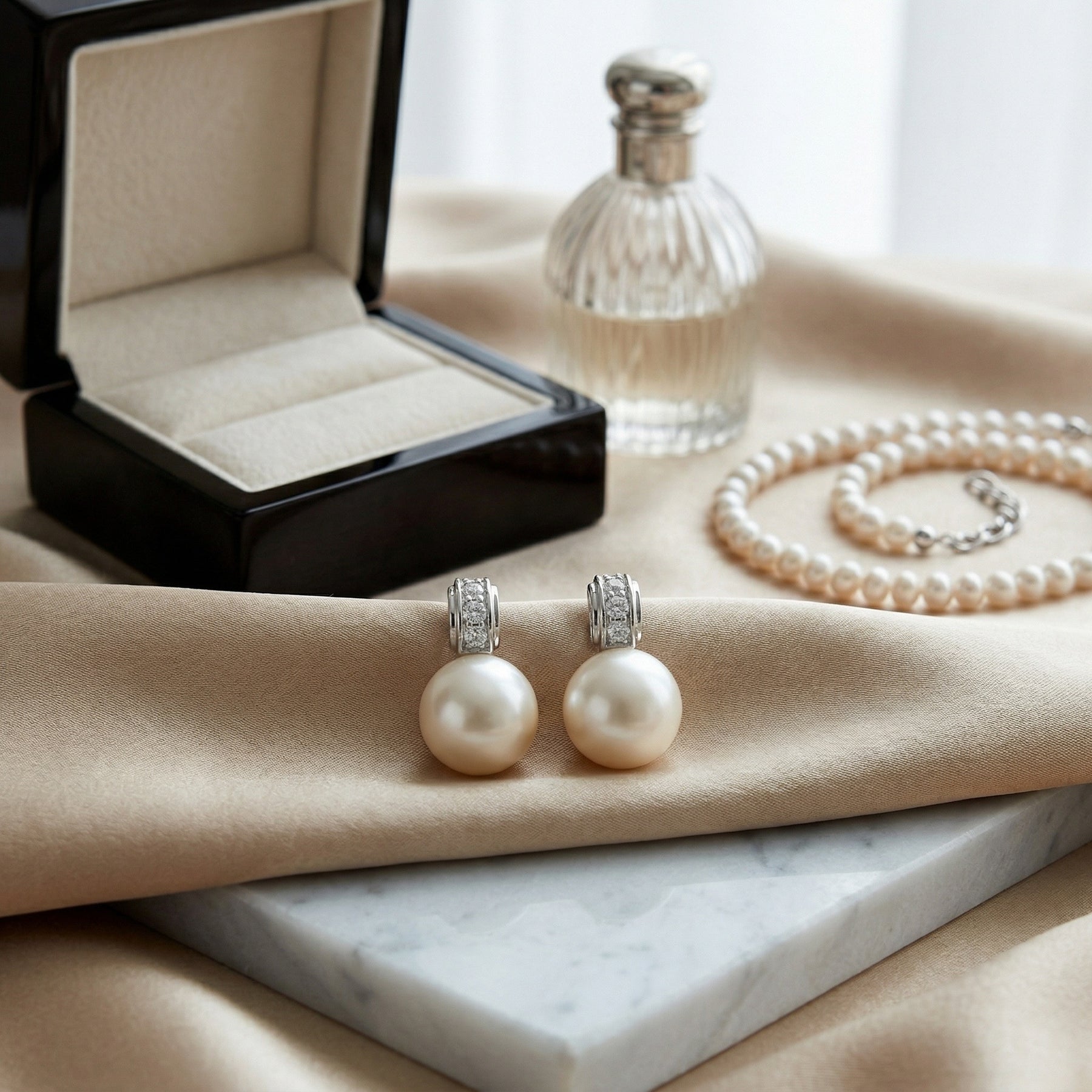 White Pearl Sparkling stone Accent Drops – pearl earrings, close-up