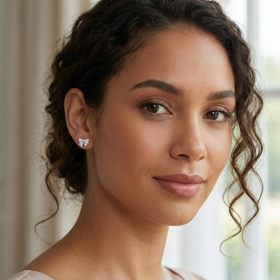 Pavé Ribbon Bow Stud Earrings – sterling silver earrings, front view