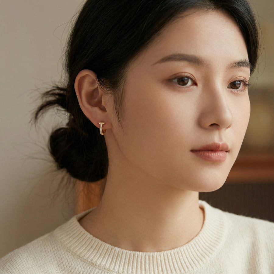 T-Shaped Pavé Huggie Hoop Earrings – sterling silver earrings