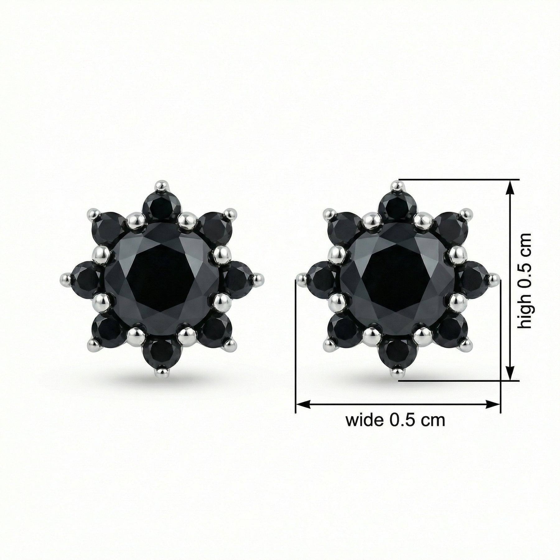 Floral Black Gemstone Cluster Studs – sterling silver earrings, side detail