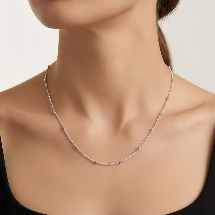 white-gold-tone Bead-Accented Chain Necklace – sterling silver necklace, close-up
