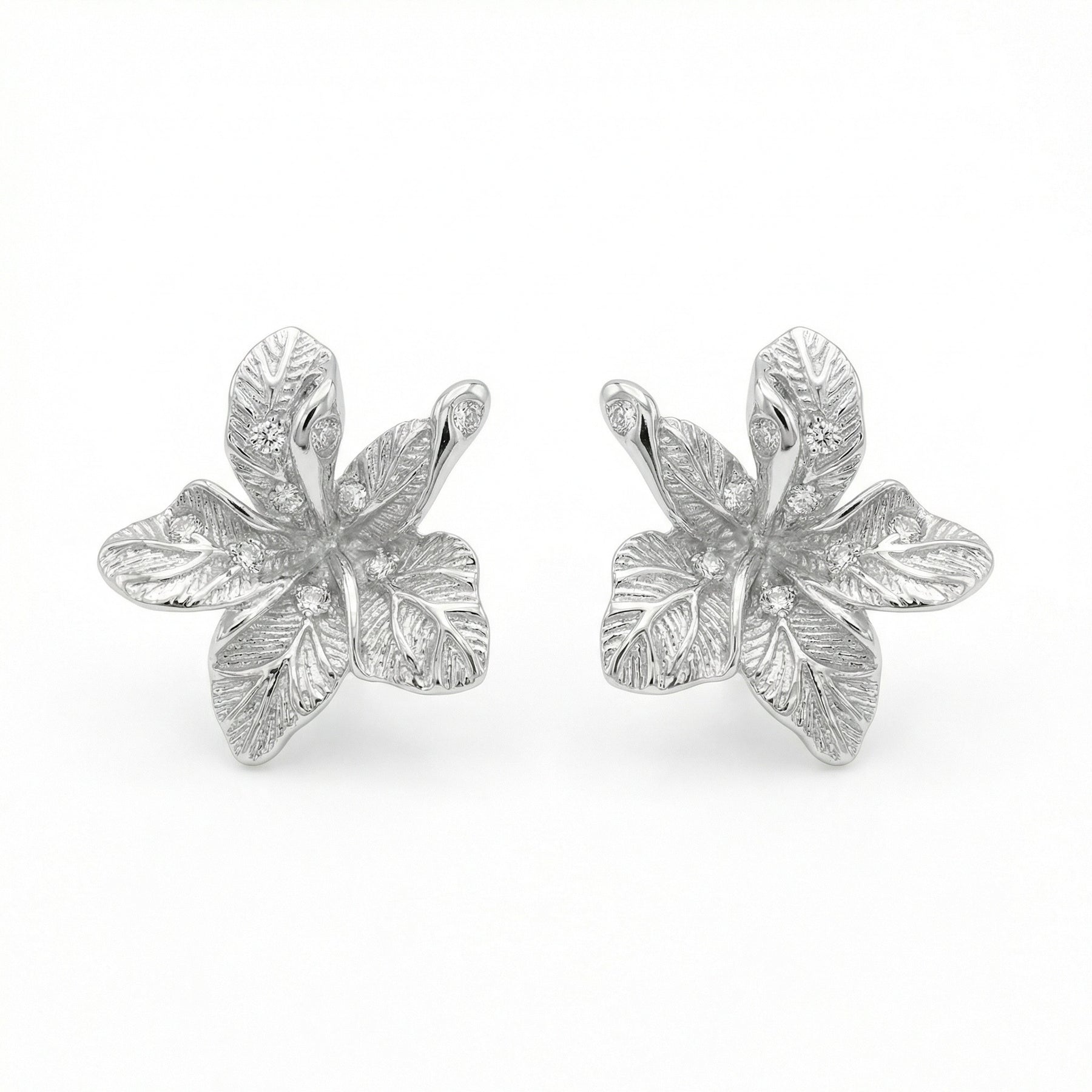 Hibiscus Flower Stud Earrings – sterling silver earrings, close-up