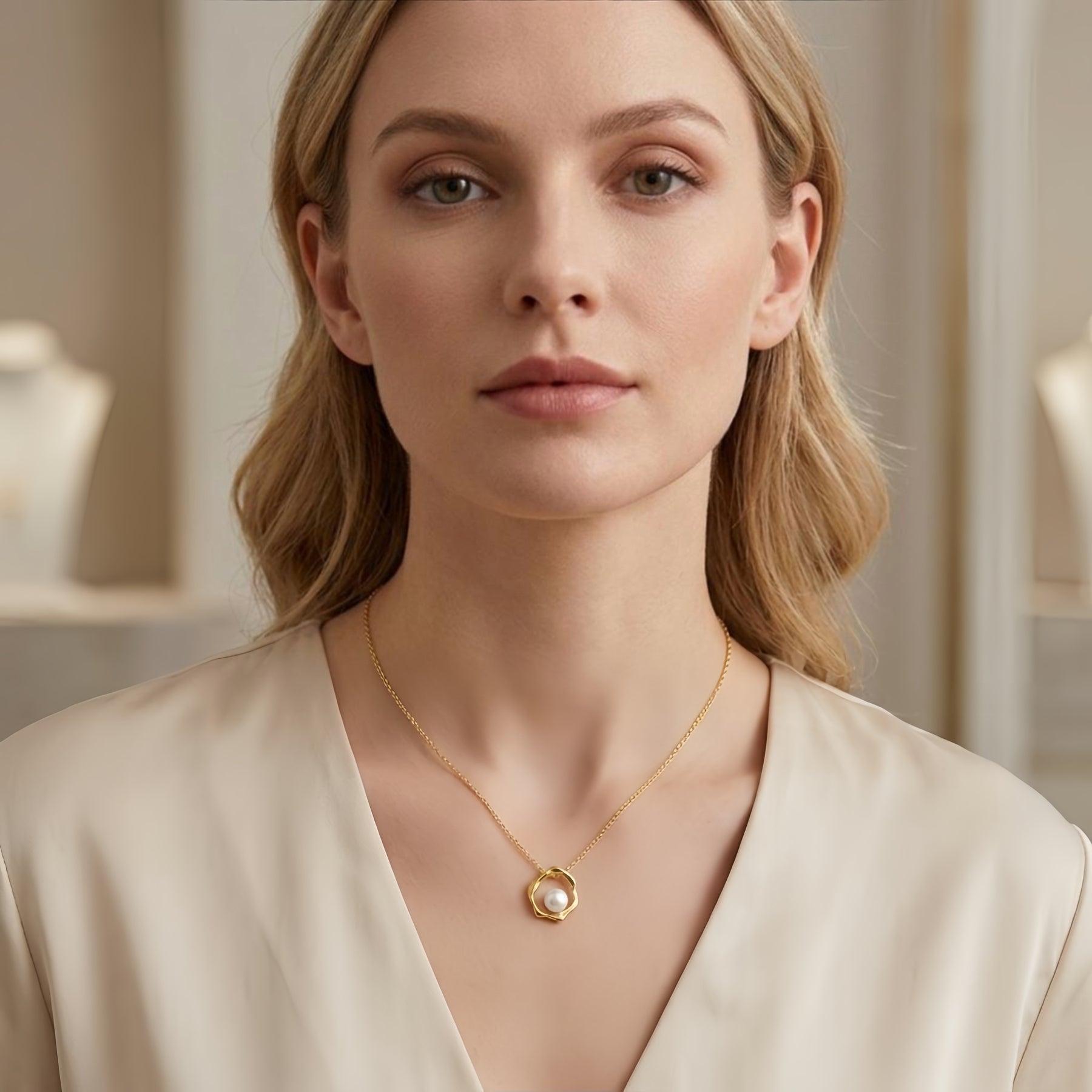 Organic Wavy Pendant, Floating Pearl – pearl necklace, close-up