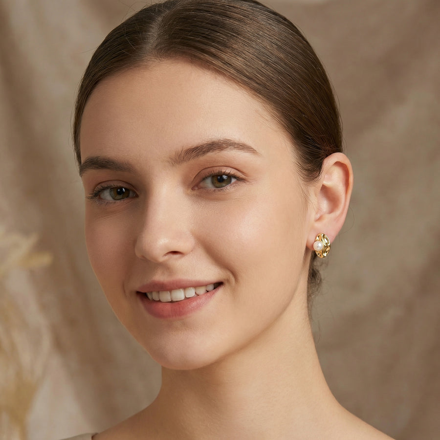 Pearl and Textured Oval Statement Earrings – pearl earrings, close-up