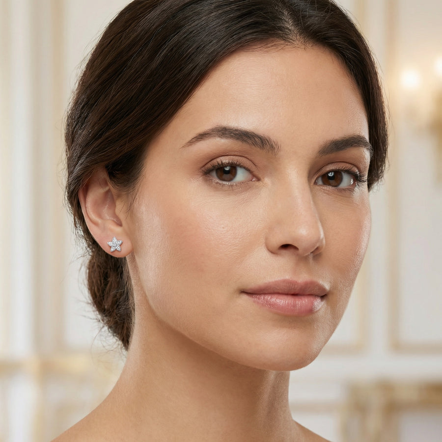 Five-Petal Silver Flower Stud Earrings – sterling silver earrings, front view