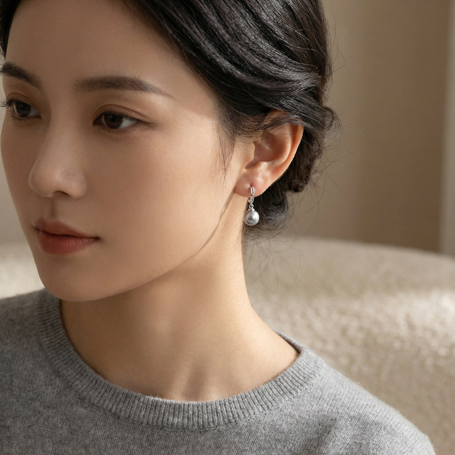 Grey Pearl Cutout Hoop Earrings – pearl earrings, front view