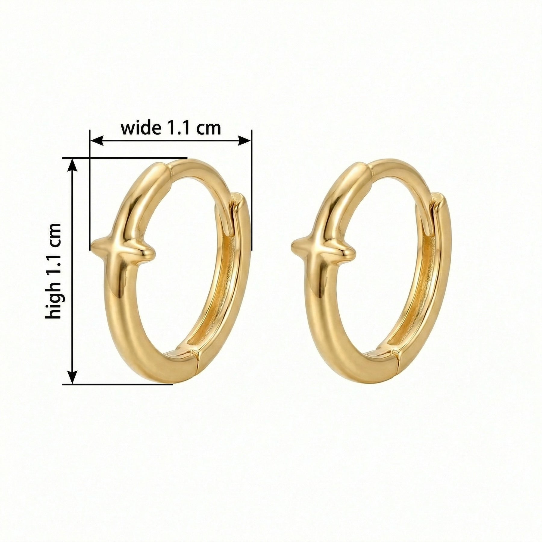 Polished Cross Huggie Hoop Earrings – sterling silver earrings, close-up