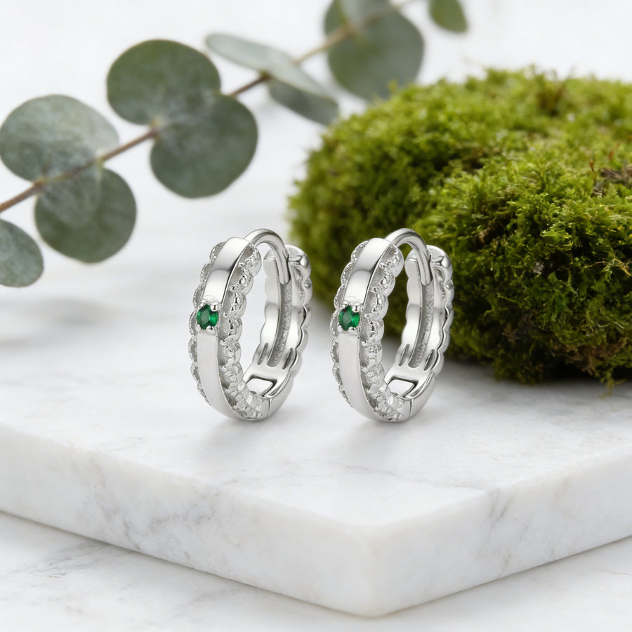 Deep green Huggie Hoop Earrings – green stone earrings, close-up