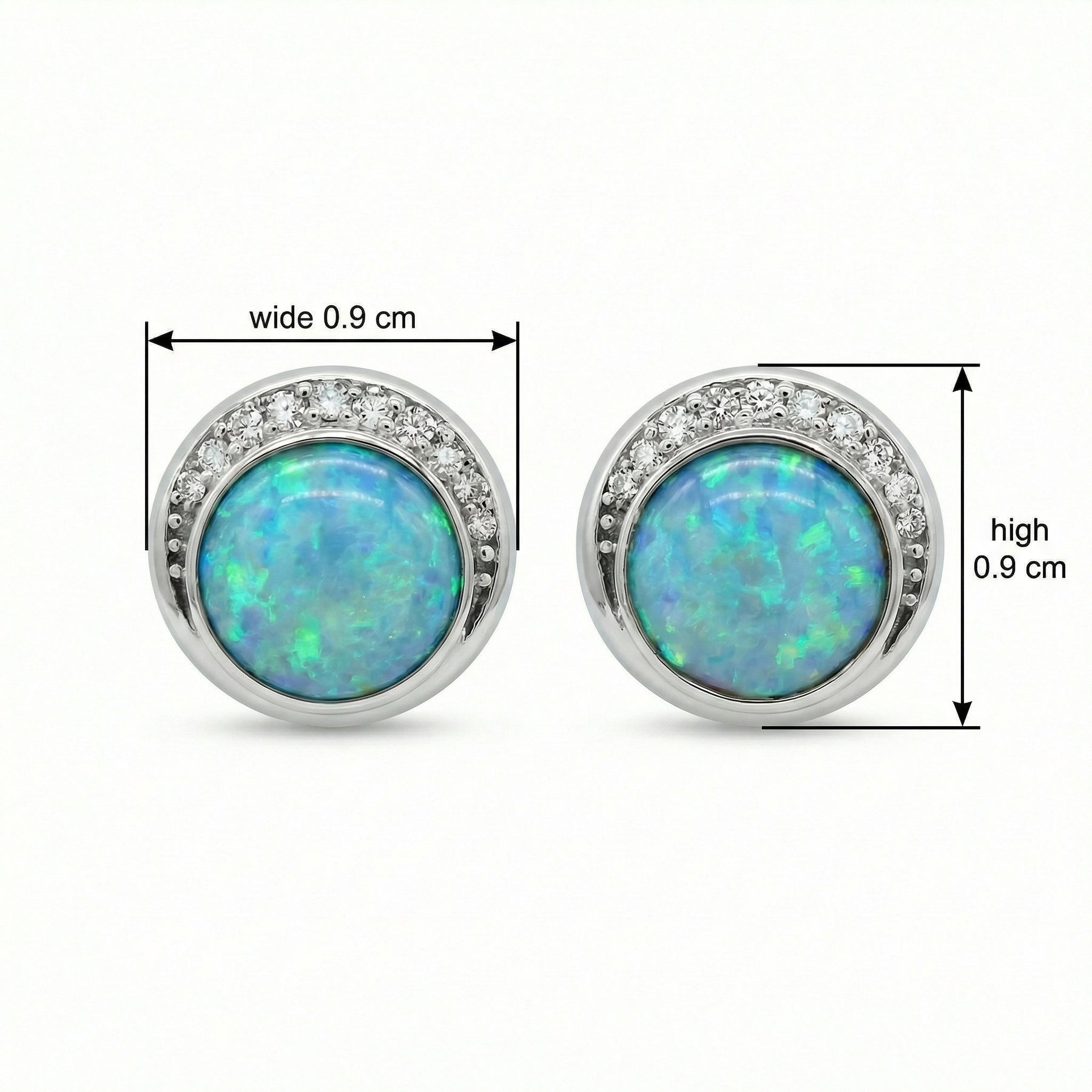 Blue-Green Opal Crescent Halo Studs – opal earrings, side detail