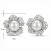 Floral Pearl Studs, Baguette Accents – pearl earrings, close-up