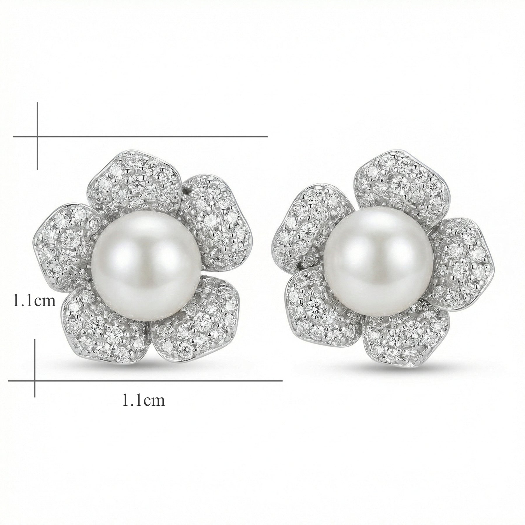 Floral Pearl Studs, Baguette Accents – pearl earrings, close-up