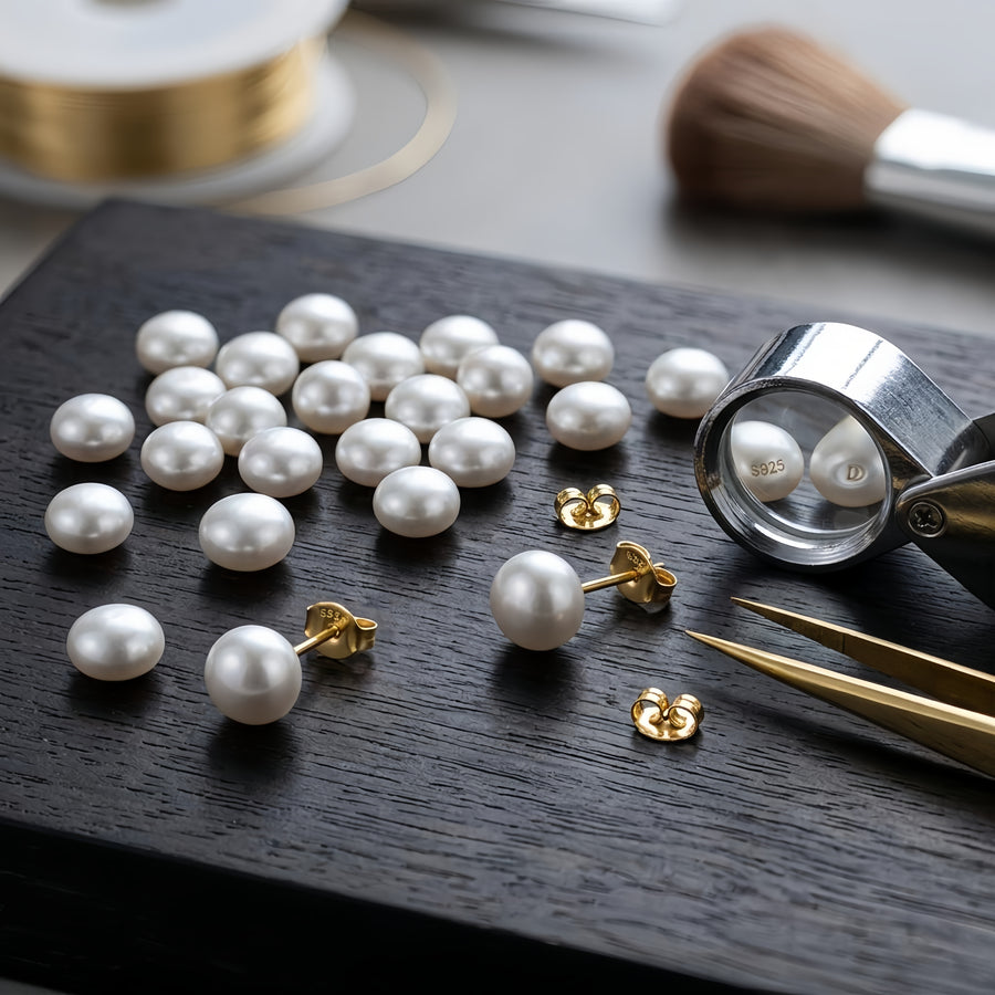 White Pearl Stud Earrings – pearl earrings, front view