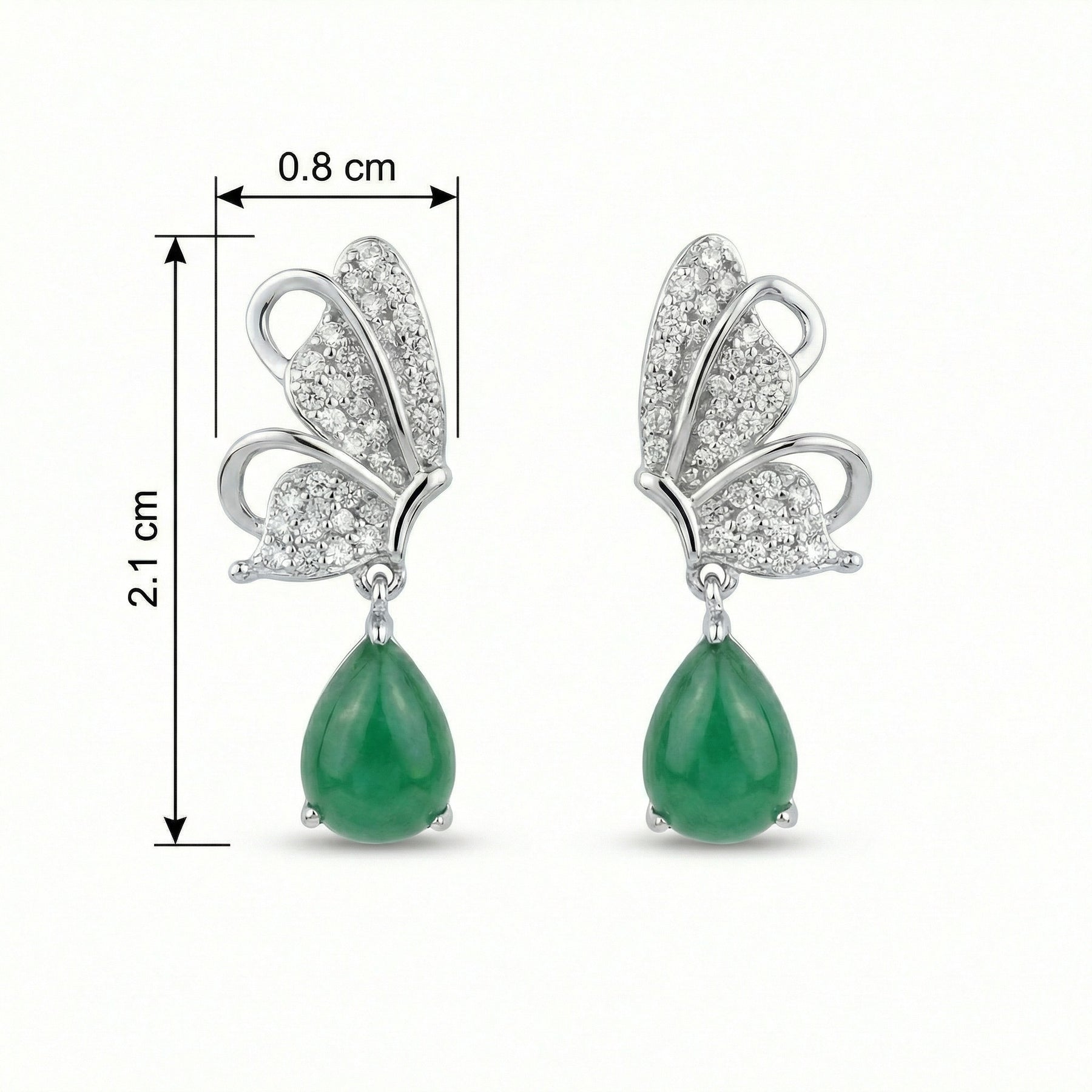Butterfly Drops with Green Teardrop Stones – sterling silver earrings, side detail