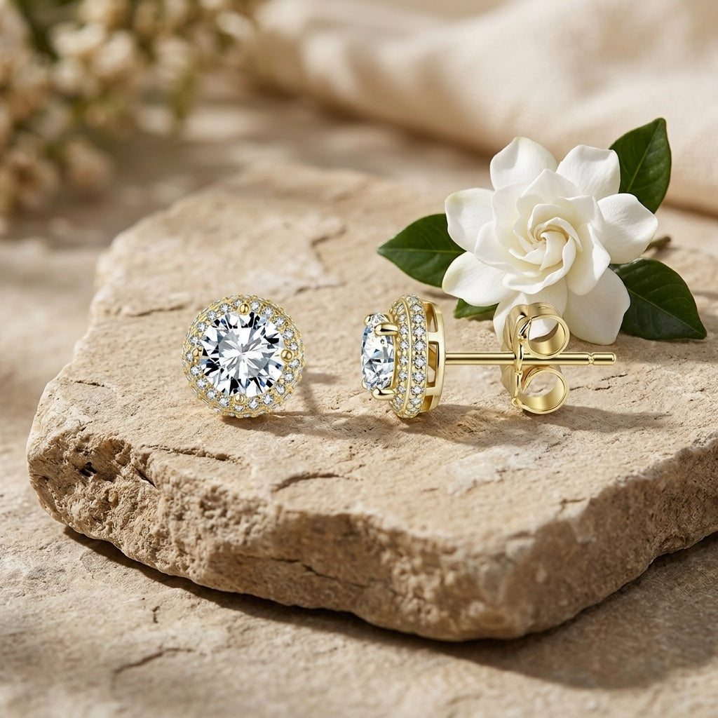 gold-tone Halo Stud Earrings, Butterfly Backs – sterling silver earrings, front view