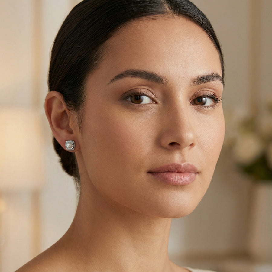 Square Halo Pearl Stud Earrings – pearl earrings, side detail