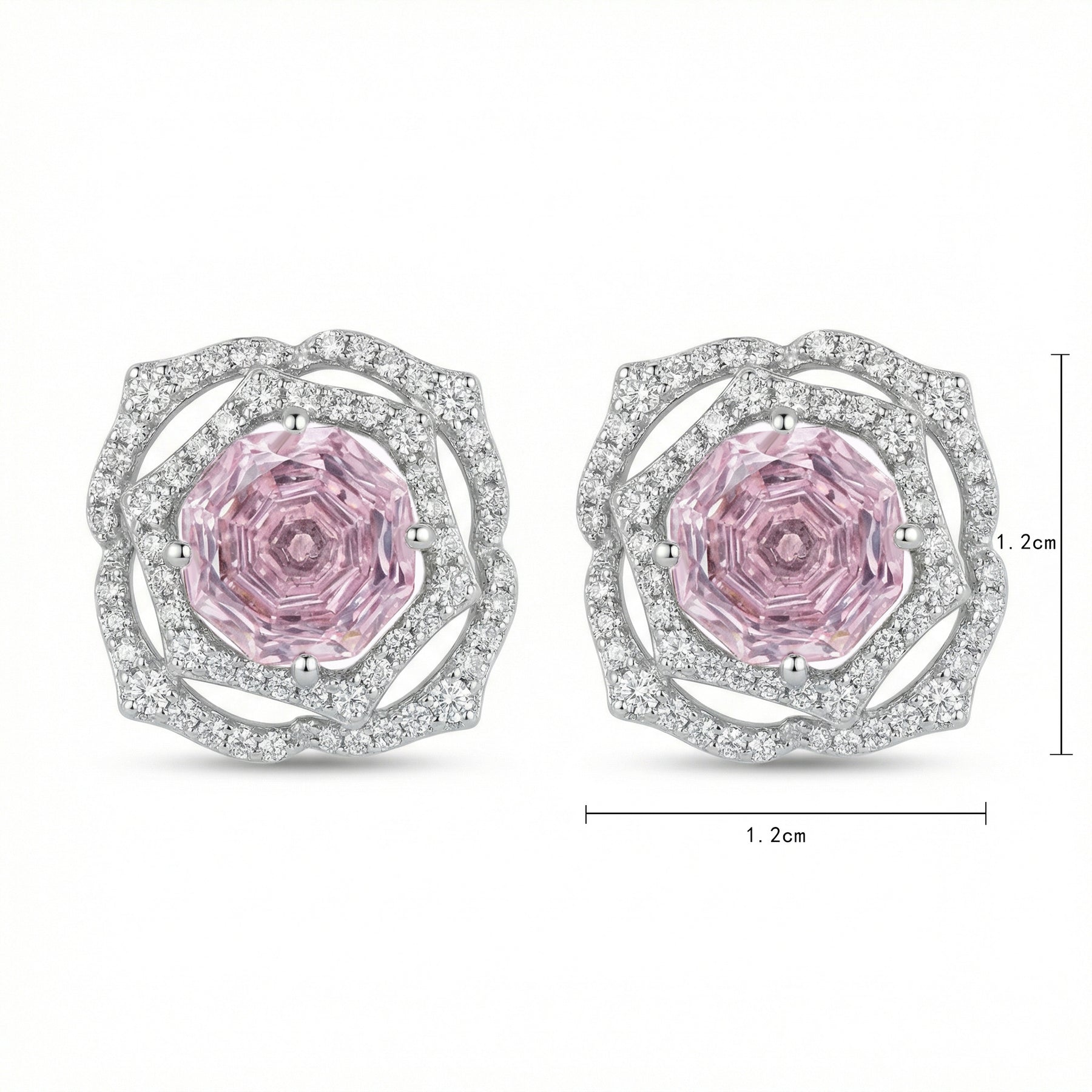 Pink Hexagon Rose Stud Earrings – sterling silver earrings, close-up