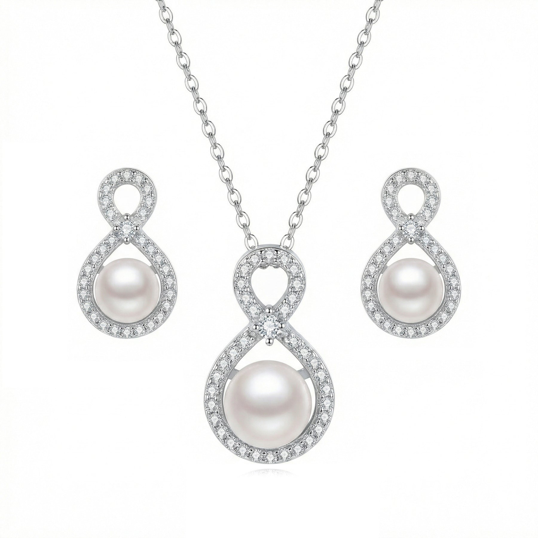 Infinity Pearl Necklace and Earrings Set – pearl earrings, close-up