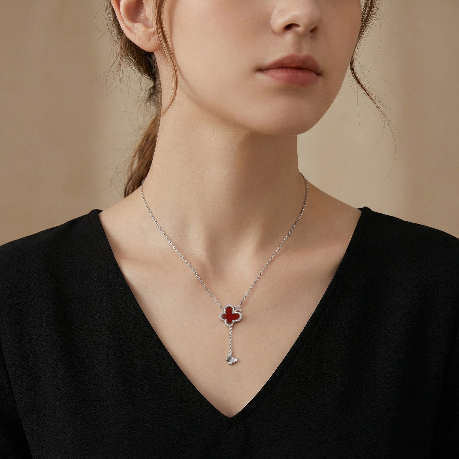 Butterfly Necklace with Red Stone Inlay – sterling silver necklace
