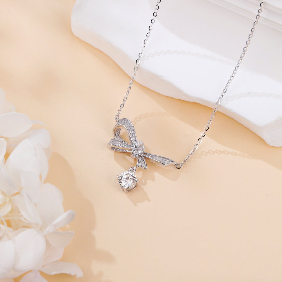 Silver Bow Necklace with Sparkling stone Charm – sparkling stone necklace, side detail