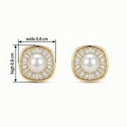Pearl Studs with Baguette Halo – pearl earrings, front view