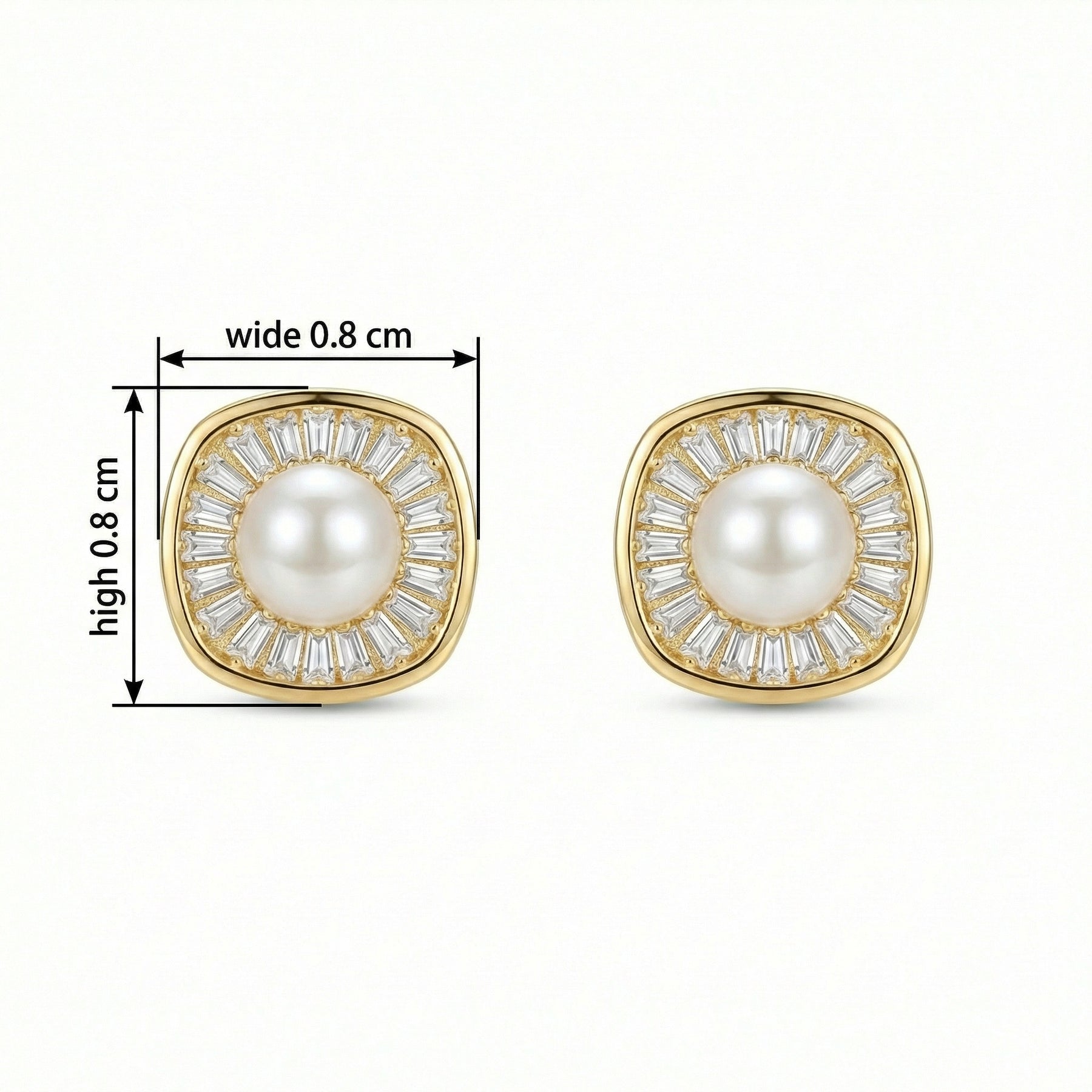 Pearl Studs with Baguette Halo – pearl earrings, front view