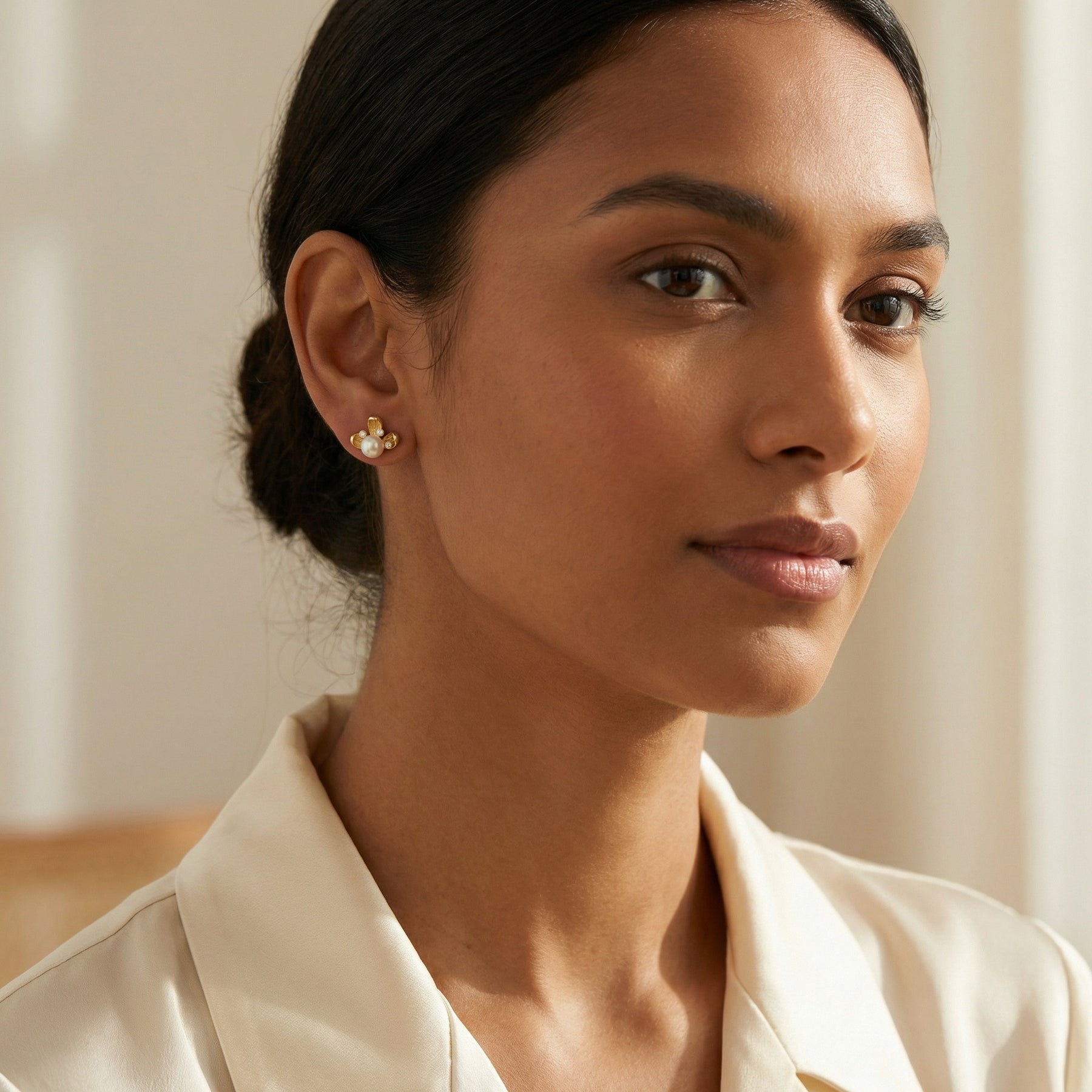 Floral Pearl Studs, Textured Petals – pearl earrings, close-up