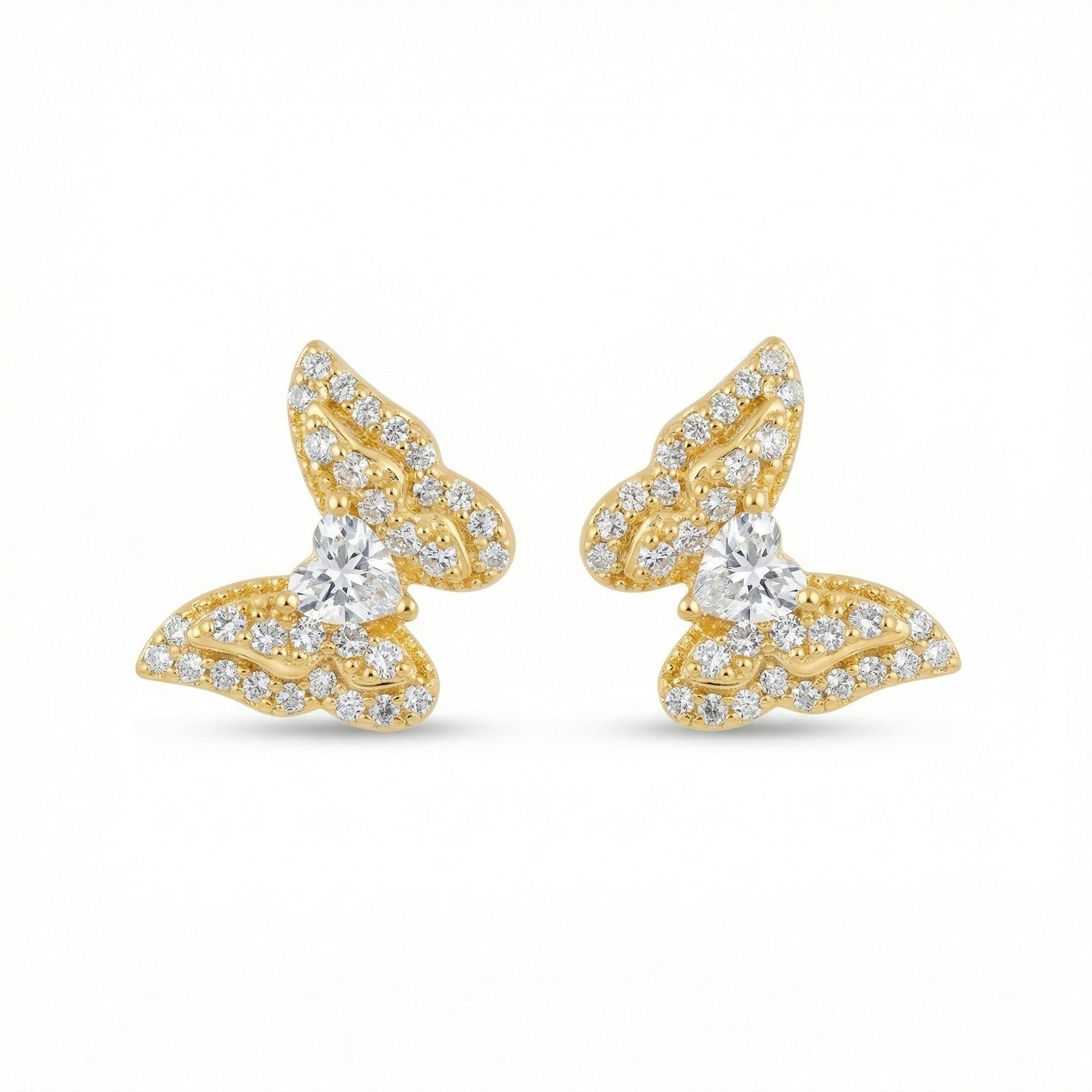 Butterfly Wing Studs with Heart Stones – sterling silver earrings