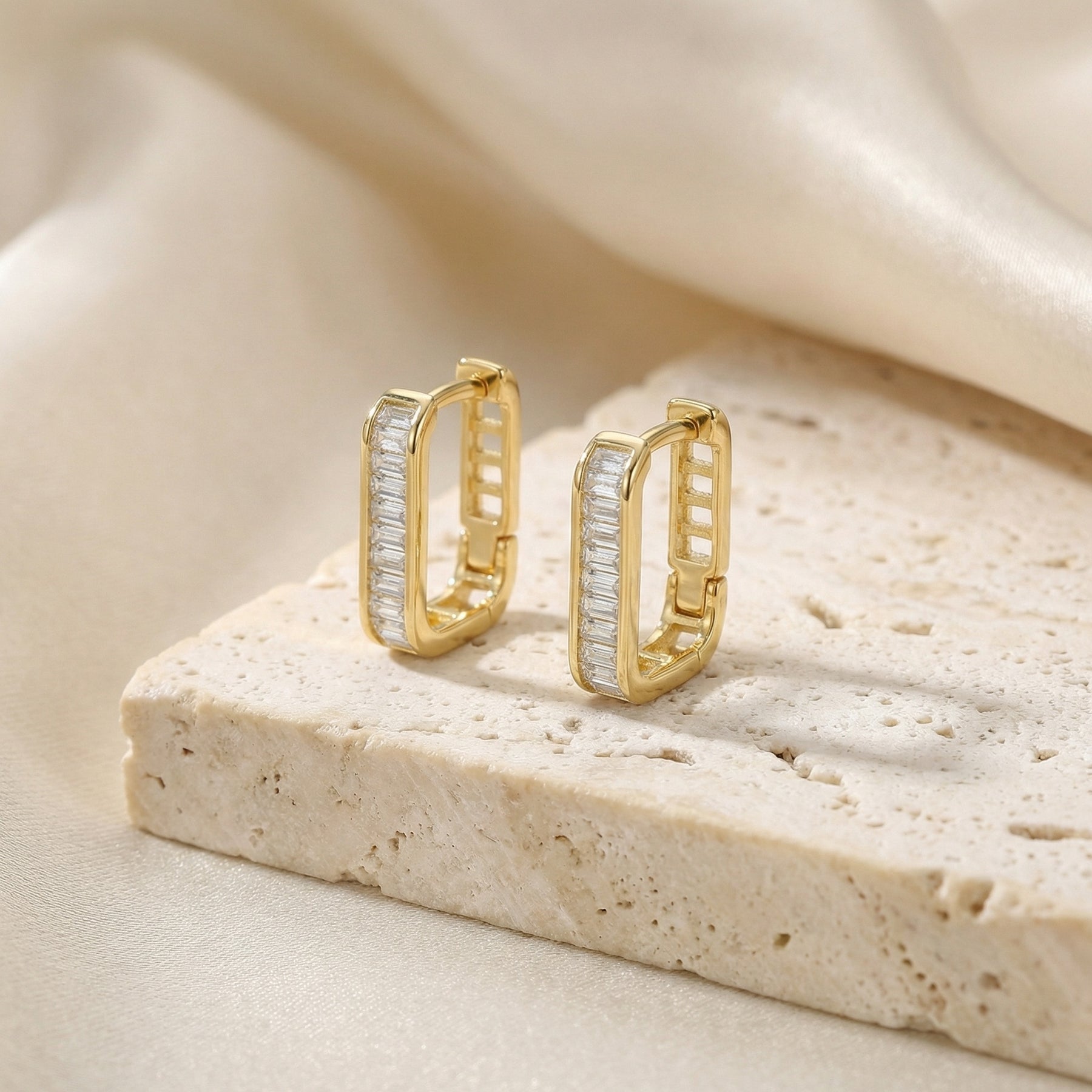 Baguette Huggie Hoop Earrings – sterling silver earrings, side detail