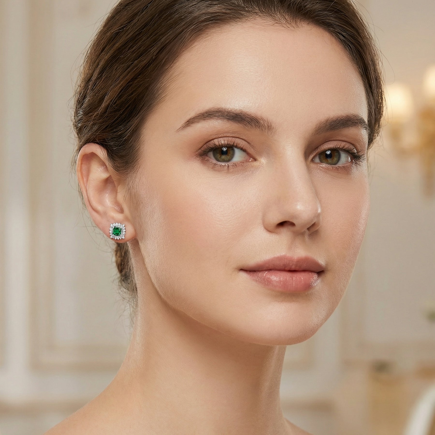 Square Green stone Interlocking Halo Studs – green stone earrings, close-up