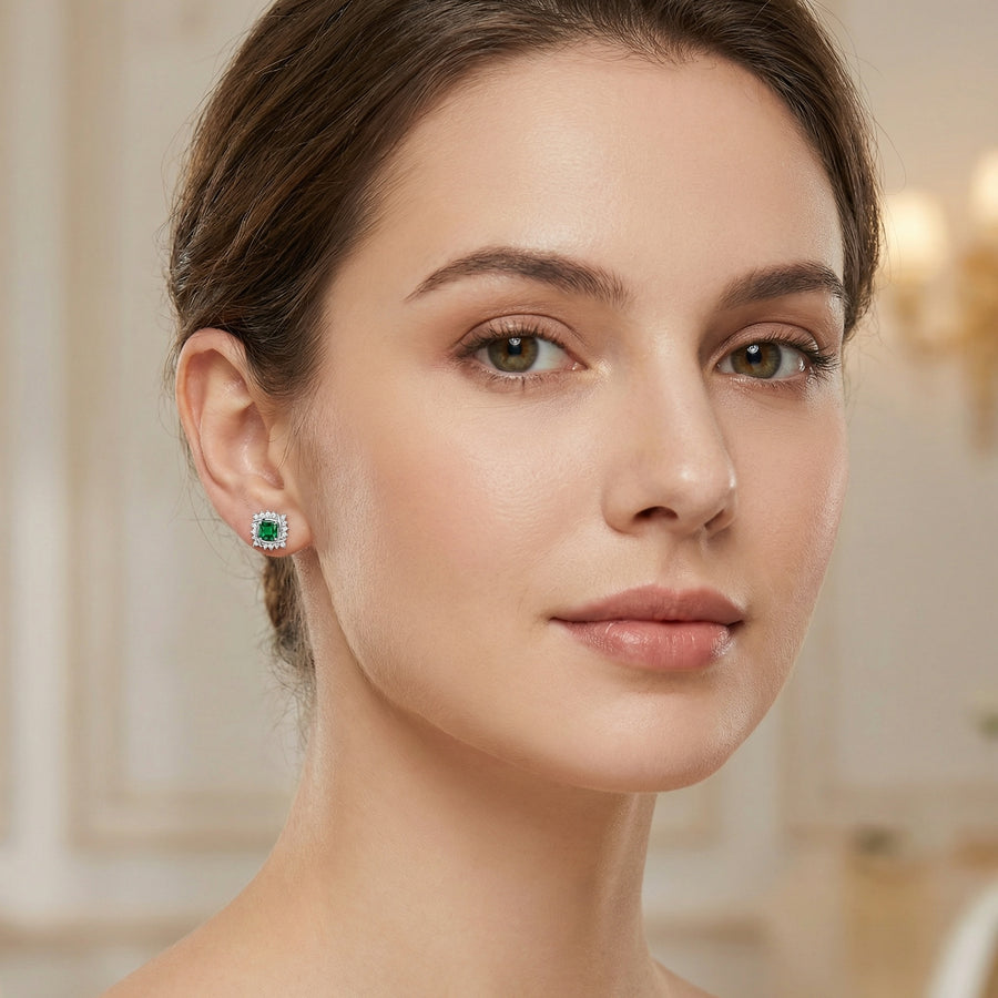 Square Green stone Interlocking Halo Studs – green stone earrings, close-up