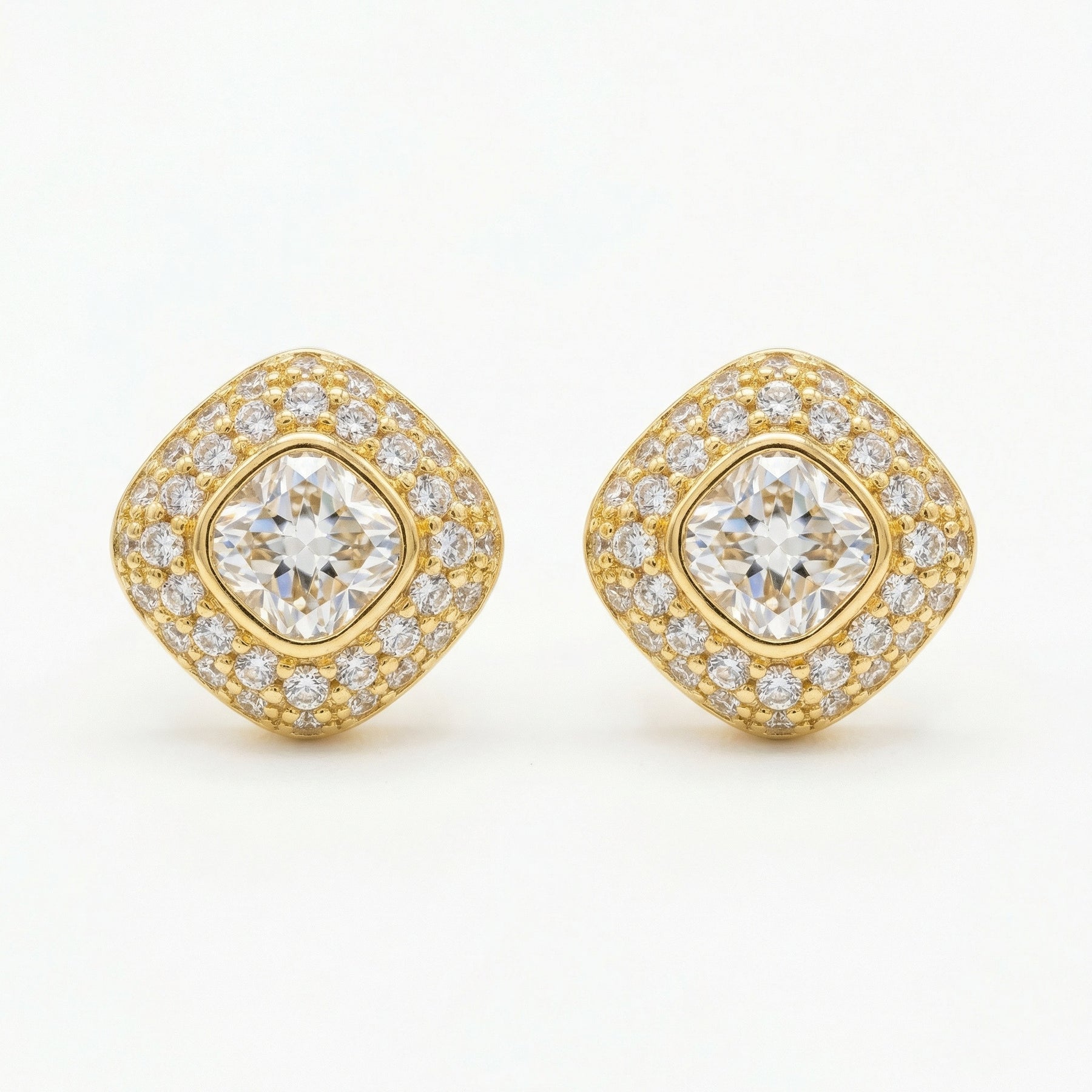 Cushion Halo Square Stud Earrings – sterling silver earrings, front view