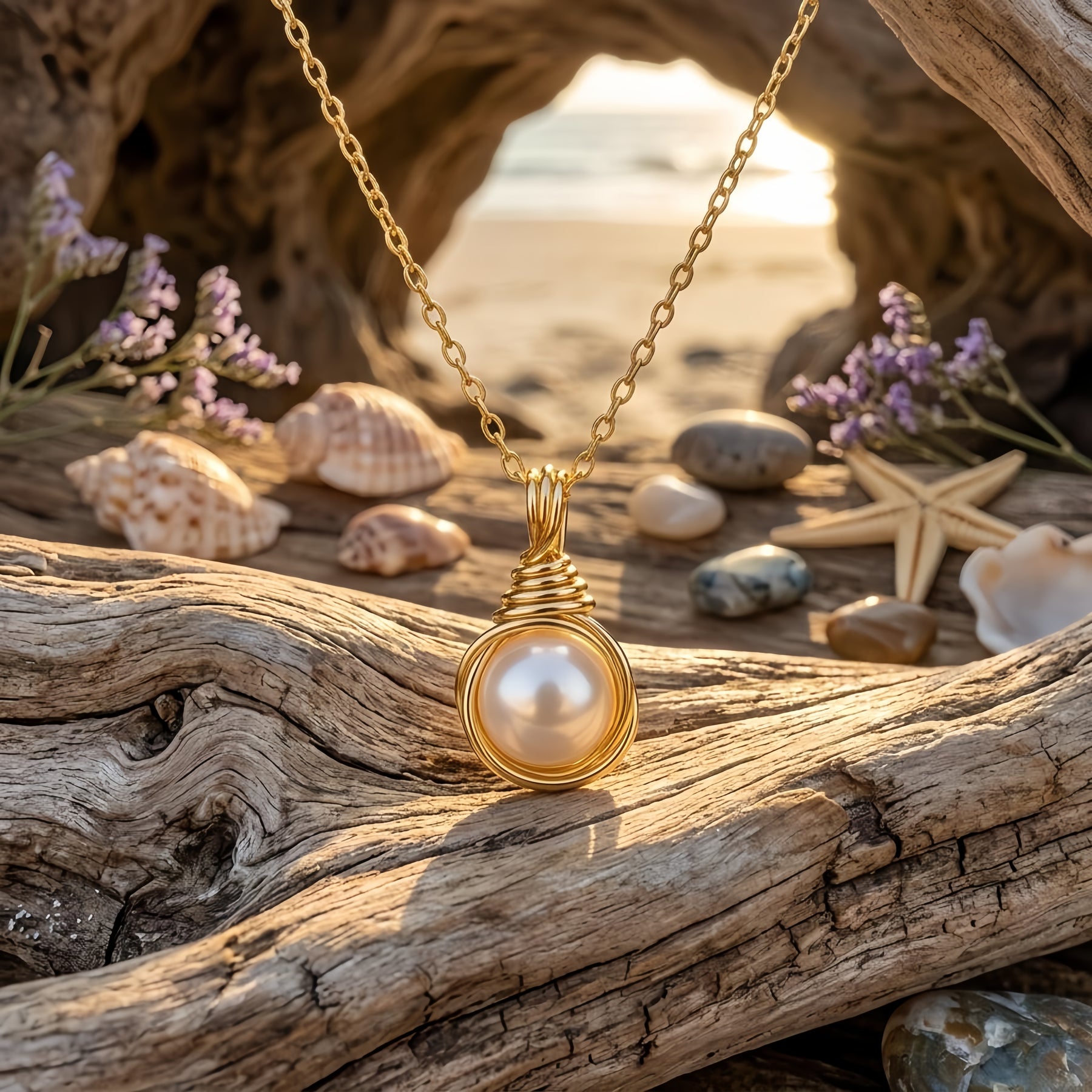 Wire-Wrapped Pearl Pendant Necklace – pearl necklace, close-up