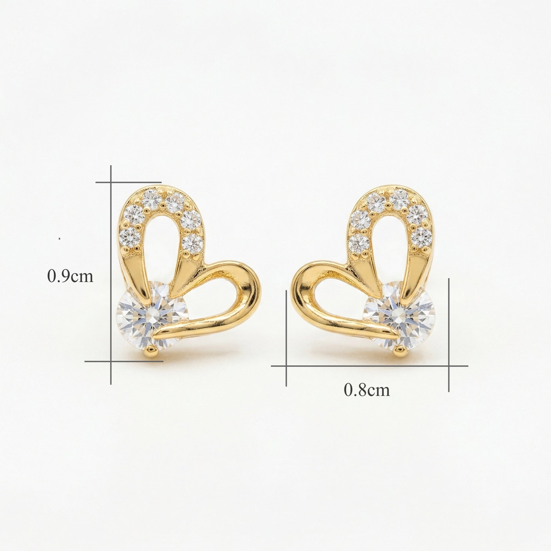 Heart-Shaped Clear Gemstone Studs – sterling silver earrings, side detail