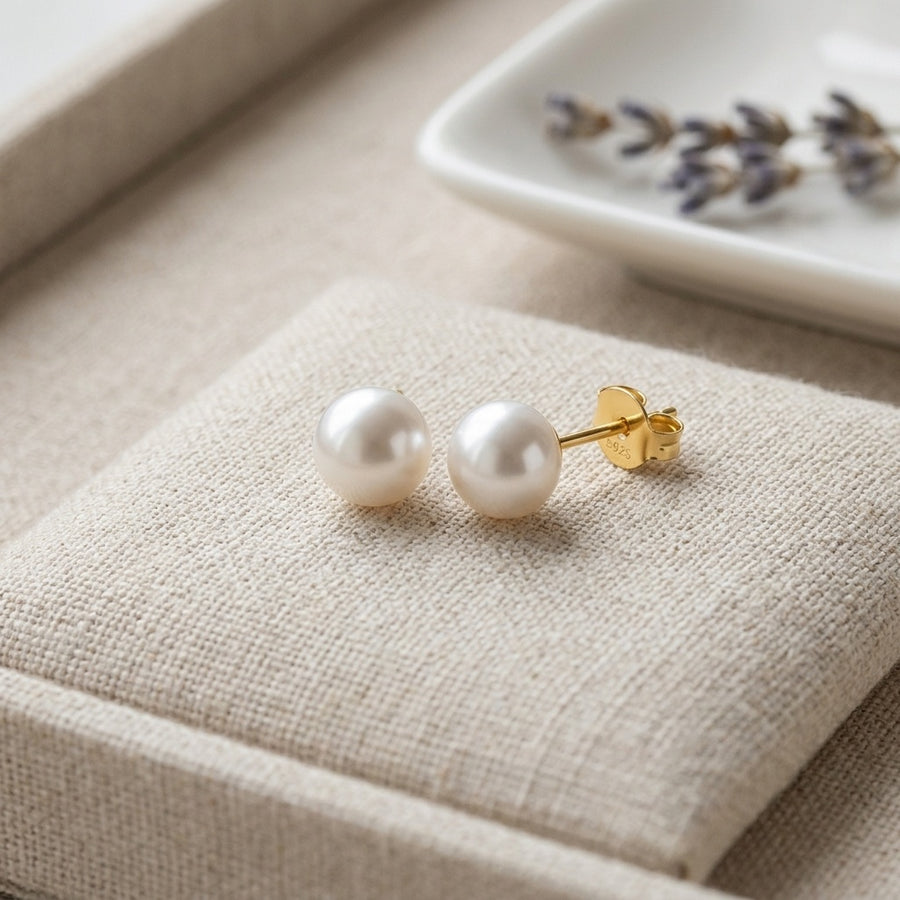 White Pearl Studs, S925 Components – pearl earrings, side detail