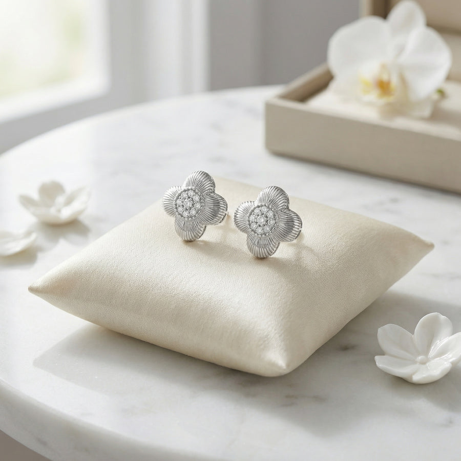 Ribbed Clover Stud Earrings – sterling silver earrings, front view