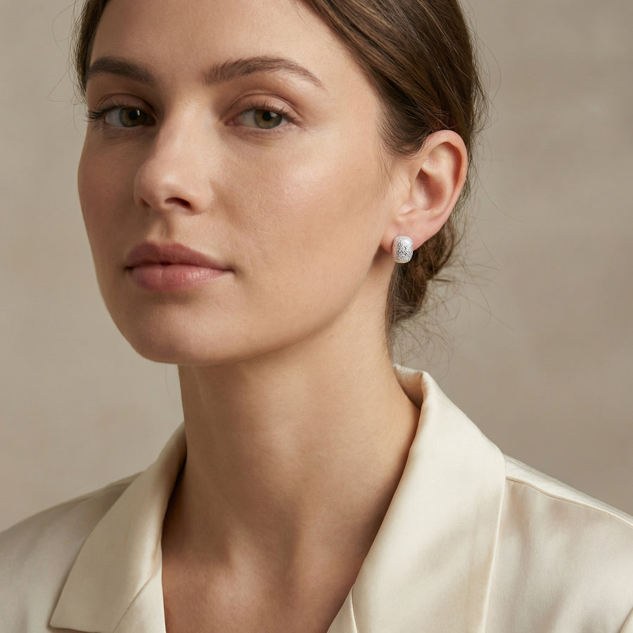 Stardust Textured Cushion Studs – sterling silver earrings, close-up